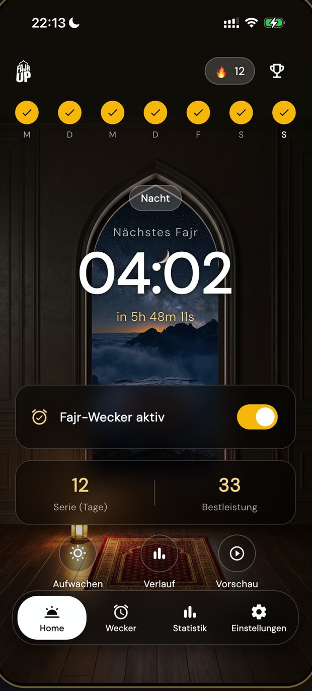 Fajr Up Startbildschirm: nächstes Fajr 04:02, Wecker aktiv, 12-Tage-Serie