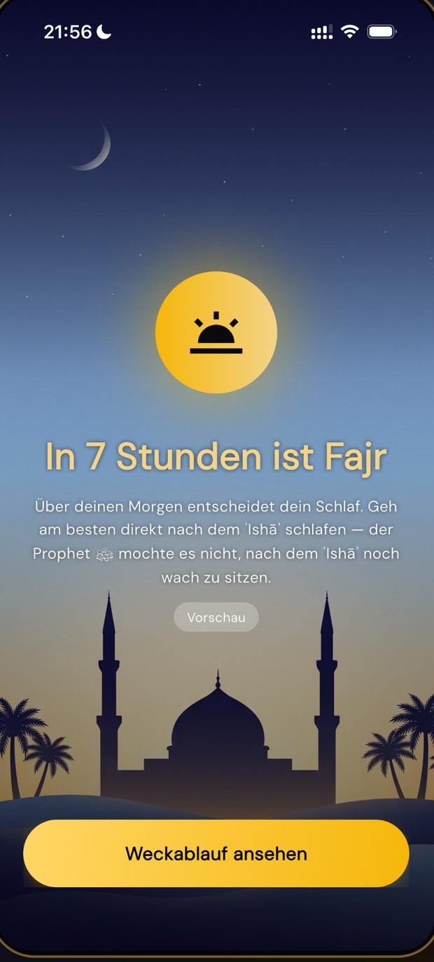 Abendbildschirm: In 7 Stunden ist Fajr — plane deinen Schlaf