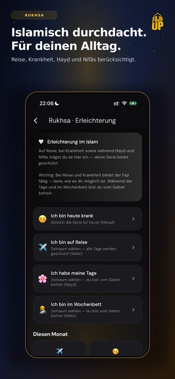 Rukhsa — Reise, Krankheit, Ḥayḍ und Nifās